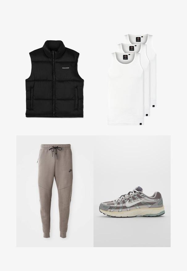 Juodas paminkštintas liemenė su aukštu apykakle, priekyje užtrauktuku ir šoninėmis kišenėmis. Turi lygų paviršių ir logotipą viršutiniame kairiajame kampe.; Trys balti, dryžuoti marškiniai be rankovių, pagaminti iš medvilnės. Yra apvalus kaklas ir maži juodi etiketės netoli siūlės. Siūlomi įvairių dydžių.; Pilkos Nike kelnės su raišteliu liemenyje, siaurėjančiomis kojomis, šoninėmis kišenėmis ir išskirtiniais siūlų detalėmis. Minkšta, tekstūruota medžiaga.; Pilkas sportinis batas su tinklu ir zomšos viršutine dalimi, baltomis detalėmis, paminkštintu padu ir išskirtiniu dizainu su atspindinčiais elementais.