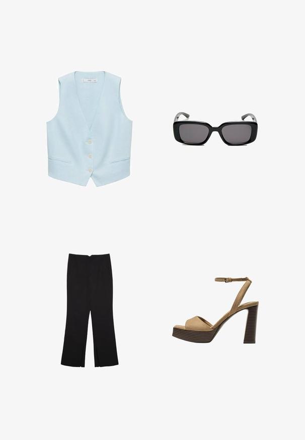 Ljusblå väst i linne med V-hals, framknäppning och två sidofickor. Ärmlös, slät textur, minimalistisk design.; En enkel svart bomulls T-shirt med kort ärm och rund hals, uppvisad på en vit bakgrund.; Svarta byxor med rak passform, utrustade med framfickor och sidoklyvningar vid fållen. Tillverkade av mjukt, slätt tyg. Lämpliga för olika tillfällen.; Beiga suède högklackade sandaler med ett brett framrem och ankelsrem, med en kraftig träblockklack med en strukturerad yta.; Svarta rektangulära solglasögon med mörka linser, slimmad plastbåge och böjda tempel. Designen är kraftig med en minimalistisk estetik.
