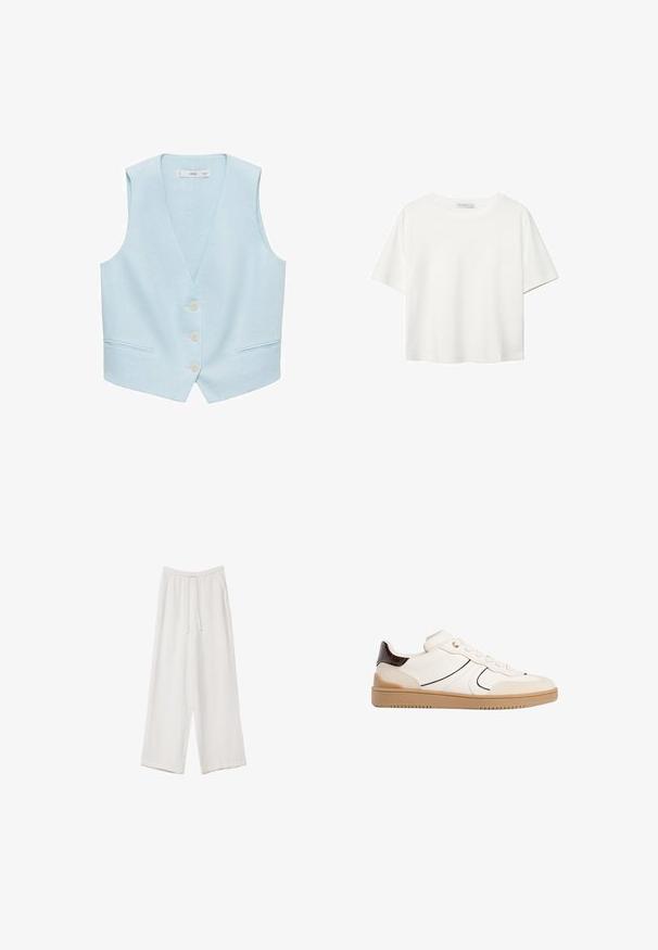 Svijetloplavi prsluk od lana, s V-izrezom, prednjim gumbima i dva bočna džepa. Bez rukava, glatke teksture, minimalistički dizajn.; Bijela majica kratkih rukava od pamuka. Ima okrugli izrez i opušteni kroj. Glatka tekstura bez vidljivih uzoraka ili naglasaka.; Bijele hlače širokih nogavica napravljene od lagane tkanine. Imaju elastičan pojas s ušicom i bočne džepove. Glatka tekstura.; Stradivarius Tenisice - white