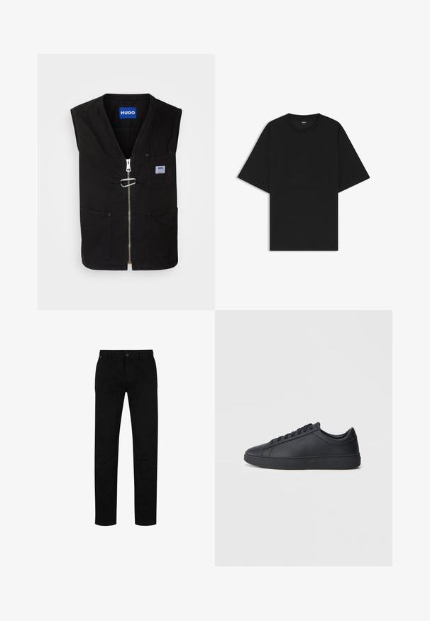HUGO LUNUS - Väst - black; Svart kortärmad T-shirt med rund halsringning och avspänt snitt, samt en liten "BOSS"-etikett på insidan av kragen.; Svarta bomullsbyxor med rak passform, med knappstängning, bälteshällor och minimalistisk design. Slät textur, utan mönster.; Svarta sneakers i slätt läder med låg design, rund tå och platt gummisula. Har snörning och subtil branding.
