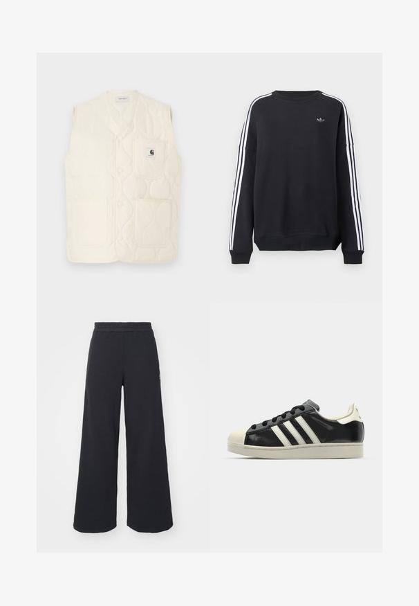 Quilted vest in off-white with a v-neck, front buttons, two large patch pockets, and a logo label on the left pocket. Soft texture.; Black sweatshirt with long sleeves, white stripes running down each arm, and a small gray logo on the chest. Cotton material, casual fit.; Black wide-leg sweatpants made from soft fabric, featuring an elastic waistband and a small logo on the left side.; Black leather sneaker with white stripes, rubber toe cap, black laces, and a cream-colored outsole. Smooth texture with shiny finish.