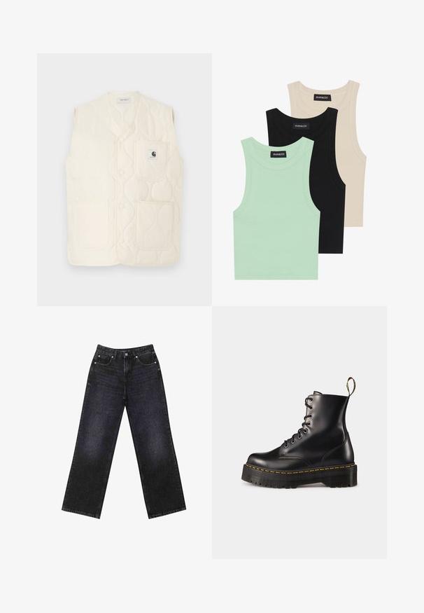 Gilet trapuntato di colore avorio con scollatura a V, bottoni frontali, due grandi tasche applicate e un'etichetta con il logo sulla tasca sinistra. Texture morbida.; Tre canotte in verde menta, nero e beige; realizzate in tessuto a coste con scollatura rotonda e senza maniche. Etichetta del brand visibile.; Jeans in denim neri a vita alta con un taglio a gamba larga, design a cinque tasche e cuciture visibili. Il tessuto ha una finitura liscia e leggermente tessurizzata.; Stivali alla caviglia in pelle nera con lacci, dotati di una suola nera spessa e cuciture gialle. Presentano una linguetta sul retro e occhielli metallici circolari.