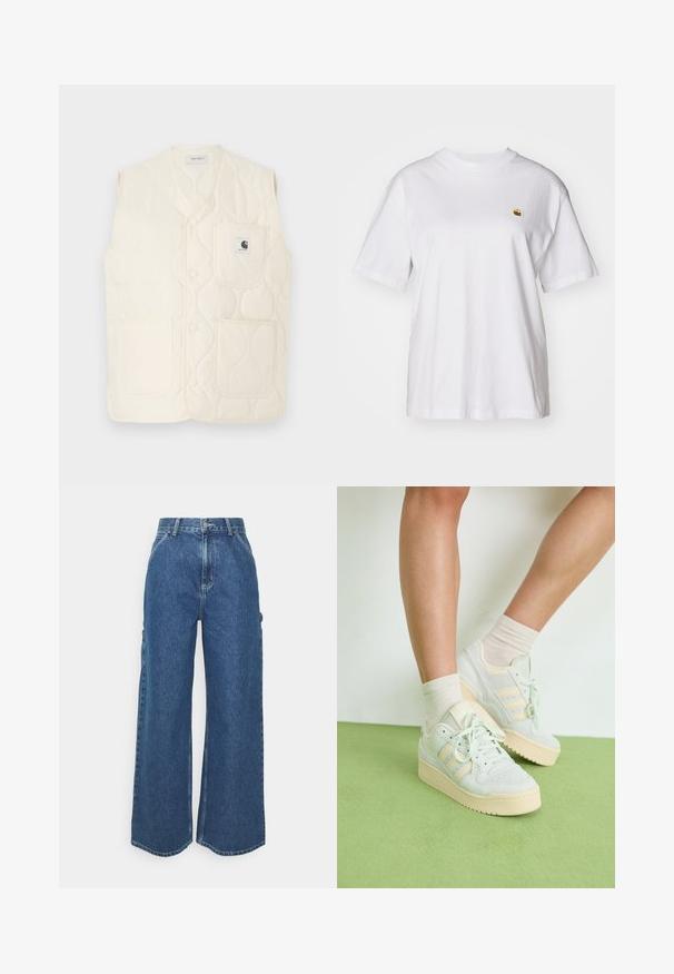 Kalarni brezrokavnik v off-white barvi z V-izrezom, sprednjim gumbom, dvema velikima žepoma in logotipom na levem žepu. Mehka tekstura.; Bela bombažna majica s sproščenim krojem, kratkimi rokavi in majhnim vezenim logotipom na levi strani prsnega predela.; Široke modre denim hlače z visokim pasom, kontrastnim šivom in stranskimi žepi, ki vključujejo klasičen pet-džepni dizajn in robove brez obdelave.; Svetlozelene teniske z teksturirano površino, ki vsebujejo tri bele črte, smetanasto gumijasto podplat in vezalni design. Nosi se z svetlimi nogavicami.
