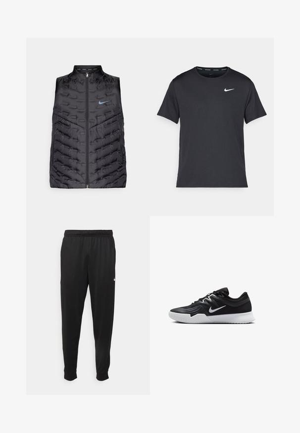 Gilet imbottito nero con colletto alto, zip frontale e tasche laterali. Presenta motivi cuciti e un logo Nike blu sul petto.; Maglietta da corsa Nike nera realizzata in materiale leggero e traspirante, con maniche corte e un piccolo logo bianco sul petto.; Pantaloni sportivi neri realizzati in tessuto liscio, con una vita elastica, gambe affusolate e un piccolo logo bianco sul lato sinistro.; Scarpa sportiva nera con tomaia testurizzata, logo Nike swoosh bianco e suola in gomma bianca. Presenta un design con lacci e una forma dinamica.