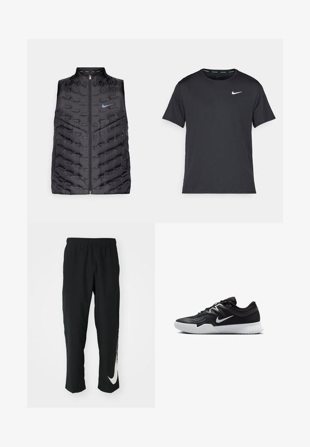 Sort puffervest med høj krave, frontlynlås og sideommer. Har quiltede mønstre og en blå Nike-logo på brystet.; Sort Nike løbe T-shirt lavet af let, åndbart materiale, med korte ærmer og et lille hvidt logo på brystet.; Sorte træningsbukser med elastisk talje, der taper ind, og har et stort hvidt Nike-logo på venstre ben. Blødt, letvægtsstof.; Sort atletiksko med en tekstureret overdel, hvid Nike swoosh og en hvid gummisål. Har en snørret design og dynamisk form.