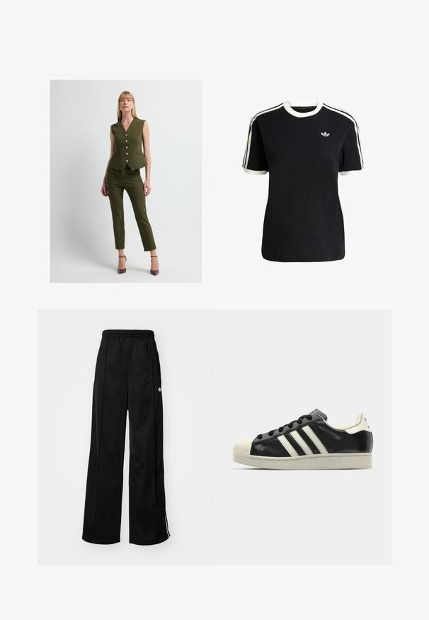 Olivgrünes, ärmelloses Peplum-Oberteil mit V-Ausschnitt, ausgestattet mit sechs dekorativen Knöpfen und zwei Fronttaschen, kombiniert mit schmal geschnittenen Hosen.; Schwarzes Baumwoll-T-Shirt mit weißen Akzenten am Kragen und an den Ärmeln, ausgestattet mit drei weißen Streifen auf jeder Schulter und einem kleinen Logo auf der Brust.; Schwarze weiter Schnitt Jogginghose mit elastischem Bund, mit weißen Seitenstreifen und kleinem Logo auf der linken Hüfte. Glatte Stofftextur.; Schwarze Ledersneaker mit weißen Streifen, Gummikappe, schwarzen Schnürsenkeln und einer cremefarbenen Sohle. Glatte Textur mit glänzender Oberfläche.