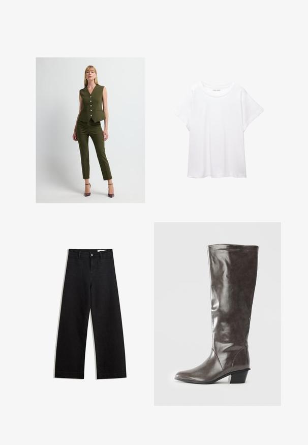 Oliwkowy, bezrękawnikowy top peplum z dekoltem w serek, z sześcioma ozdobnymi guzikami i dwiema przednimi kieszeniami, zestawiony z dopasowanymi spodniami.; Biała koszulka wykonana z miękkiej, lekkiej tkaniny. Posiada okrągły dekolt oraz krótkie, szerokie rękawy, zapewniające luźny krój. Brak widocznych wzorów.; Czarne dżinsowe spodnie o szerokich nogawkach i wysokim stanie, z przednimi i tylnymi kieszeniami, przeszyciami oraz zapięciem na guziki. Gładka struktura.; Wysokie damskie ciemnoszare skórzane botki z średnim obcasem i okrągłym noskiem, pokazane z boku na białym tle.
