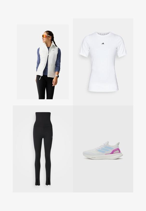 Biała puchowa kamizelka na niebieskiej bluzce z długim rękawem, w połączeniu z czarnymi legginsami. Wyróżniające cechy to regulowany kołnierz i boczne kieszenie.; Biała sportowa koszulka z krótkim rękawem, wykonana z gładkiego, elastycznego materiału. Posiada małe czarne logo Adidas na piersi.; adidas by Stella McCartney - Rajstopy; adidas Performance PUREBOOST 5 biały