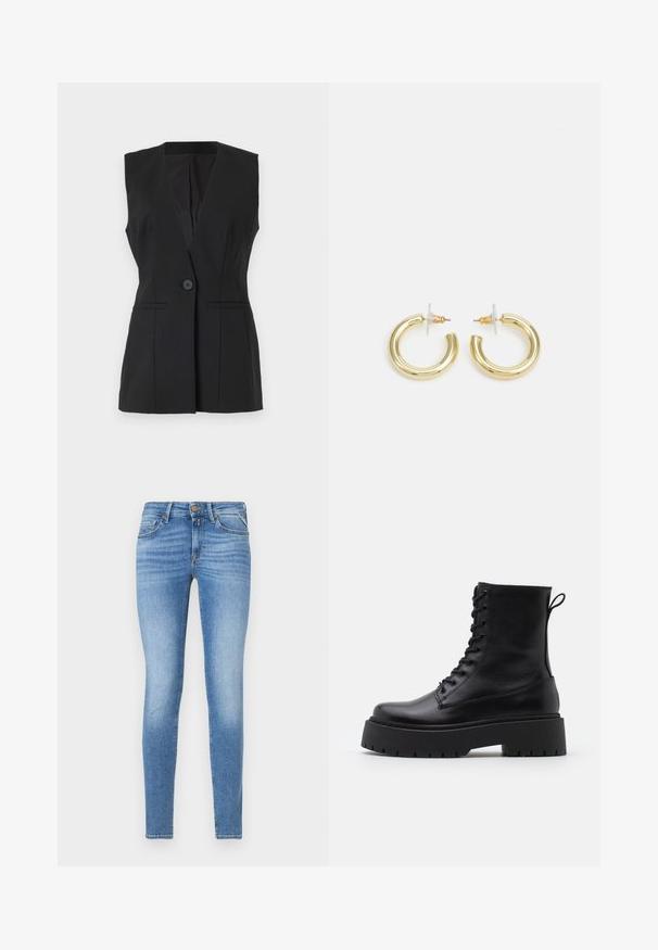 Svart ärmlös väst med notch-krage, enkel knappstängning och två framfickor. Tillverkad av strukturerad tyg med en slät yta.; Teal zip hoodie med dragsko i huvan, långa ärmar och ribbade mudd. Gjord av mjukt tyg med en avslappnad passform.; Slim-fit ljusblå denimjeans med medelhög midja, framknäppning och femfickdesign.; Svarta läderankelboots med rund tå, snörning framtill och en tjock gummisula med strukturerat mönster. Dragflik bak.; Guldörhängen i form av ringar med en slät, glänsande yta. Cirkulär design med en liten stötta och genomskinlig bakgrund för säker användning.