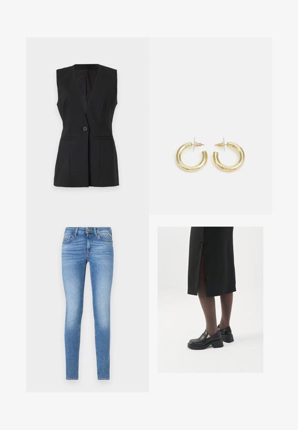 Črna brezrokavnik z izrezanim ovratnikom, zapenjanjem na en gumb in dvema sprednjima žepoma. Izdelan iz strukturnega blaga z gladko teksturo.; Dva brezrokavniki z rebrasto turtleneck gorami v črni in beli barvi, z oblikovanim dizajnom in gladko teksturo, v skrajšani dolžini.; Tanjši modri jeans z višjim pasom, sprednjim gumbom in petimi žepi.; Črne usnjene čevlje s zaobljenim prstom, debelim blokastim petama in elastičnimi stranskimi detajli, v kombinaciji s temno nogavicami in črno krilo z razporkom.; Zlate uhane v obliki obročkov z gladko, sijočo površino. Krožna zasnova s majhnim nosilcem in prozornim podplatom za varno nošenje.
