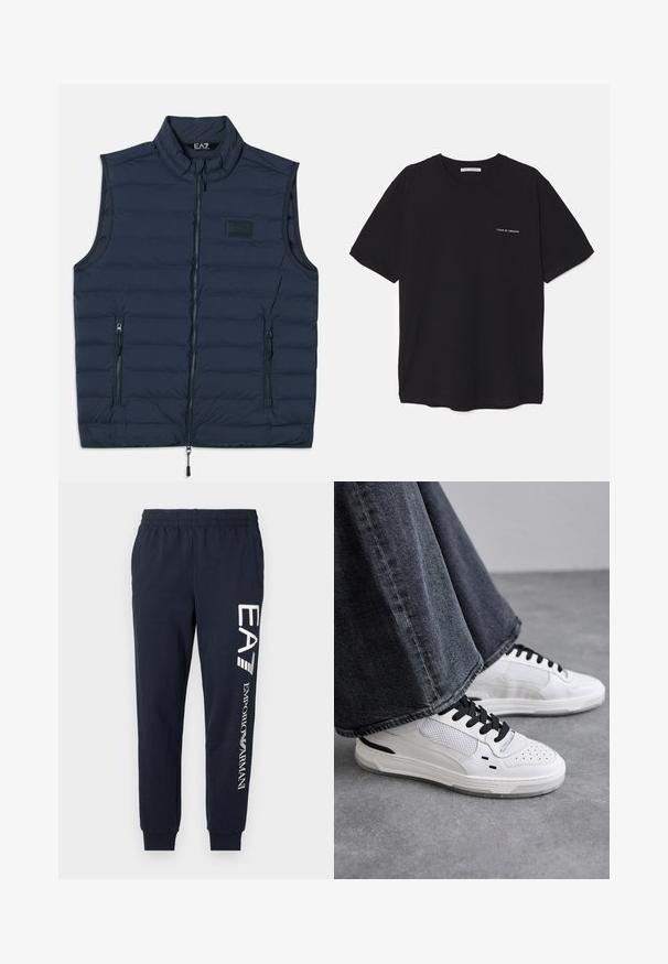 Marineblå puffervest med høy krage, frontlås med glidelås og to sidelommer med glidelås. Myk tekstur med horisontalt quiltet mønster.; Svart bomull T-skjorte med rund hals, korte ermer, og hvit logo trykk på venstre bryst. Enkel, ensfarget design.; Mørkeblå bomullsjoggere med elastisk midje, smalnende bein og kontrasterende hvite EA7- og Emporio Armani-logoer trykt langs siden.; Hvite sneakers med svarte lisser og mesh-detaljer. Har en glatt læroverdel og en teksturert gummisåle. Kombinert med vide gråjeans.
