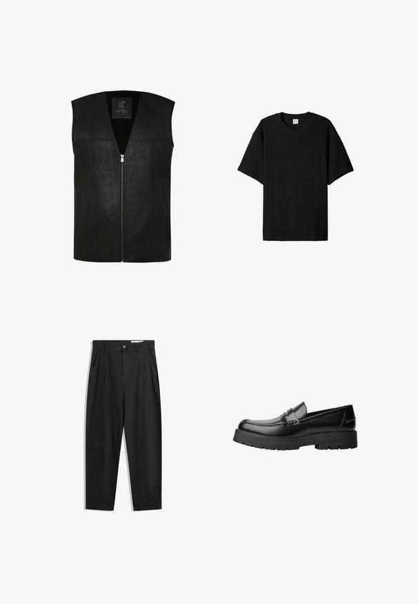 Schwarze Lederweste mit tiefem V-Ausschnitt, Frontreißverschluss und zwei Seitentaschen. Glatte Textur mit Nahtdetails entlang der Schultern.; Schwarzes, geripptes T-Shirt mit kurzen Ärmeln und Rundhalsausschnitt, das einen lockeren Schnitt und eine strukturierte Oberfläche bietet. Einfaches Design; keine Grafiken oder Akzente.; Schwarze Baumwollhose mit lockerem Schnitt, ausgestattet mit einem klassischen Bund, vorderen Falten und Seiten taschen. Glatte Textur ohne Muster.; Schwarzer Lederloafer mit grobem, rutschfestem Sohlenprofil und dekorativem Riemen über der Oberseite, seitlich links auf weißem Hintergrund abgebildet.