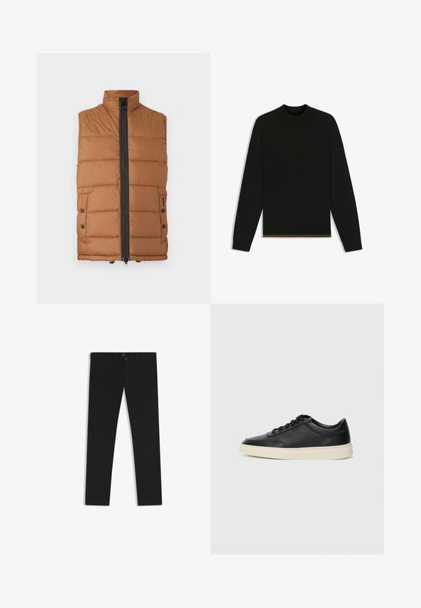 Brown padded vest with a high collar, full front zipper, and snap-button details on pockets. Features a smooth, lightweight fabric.; Black knit sweater with long sleeves and a high neck. Features a gold accent at the hem. Smooth texture and fitted design.; Black trousers made of fabric with a smooth texture. Features a button closure, belt loops, and side pockets. Standard straight-leg design.; Black low-top leather sneaker with black laces and off-white sole shown in side profile on white background.