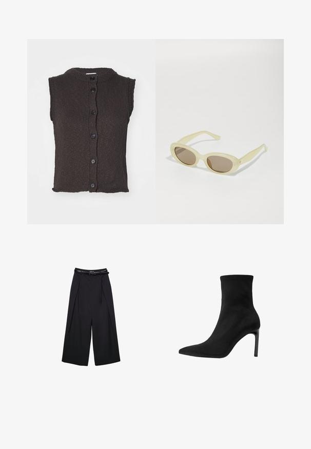 Valkoinen ilmanhiha brown neuleliivi, jossa on pyöreä kaula-aukko. Edessä on kuusi mustaa nappia ja tekstuuripinta. Suora helma.; Keltainen raidallinen neuletakki pitkillä hihoilla, pyöreällä kaula-aukolla ja viidellä napilla edessä. Pehmeä rakenne ja lyhyempi malli.; Kaksi topia esillä, yksi musta ja yksi valkoinen. Molemmissa on uritettu pinta ja leveät hihnat, joissa on pyöreä kaula-aukko.; Mustat leveälahkeiset housut, jotka on valmistettu sileästä kankaasta. Niissä on korkea vyötärö ja vyölenkit, sekä pleatattu etuosa ilman näkyviä kuvioita.; Mustat nilkkurit, jotka on valmistettu sileästä mokasta, kärjessä on terävä muotoilu ja korkea stiletto-korko. Tyylikäs, minimalistinen muotoilu ilman koristeita.; Kellonmuotoiset aurinkolasit, joissa on läpinäkyvä vaaleankeltainen kehys ja ruskeat linssit. Ominaisuuksiin kuuluu sileä pinta ja hienovaraiset metalliosat sivuilla.