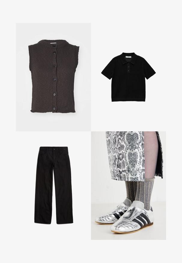 Bezrukávý hnědý pletený cardigan s kulatým výstřihem, s šesti černými knoflíky na přední straně a texturovaným vzorem. Rovný lem.; Černé polo tričko s krátkým rukávem, texturovaným pleteným vzorem, zapínáním na tři knoflíky a žebrovaným límcem a spodním lemem.; Černé denimové kalhoty s rovnou nohavicí, předním zapínáním na knoflík a pěti kapsami. Hladká textura a minimální detaily šití.; Stříbrné fotbalové boty s černými pruhy a elegantním designem, spárované s texturovanými šedými a zlatými pruhovanými ponožkami a vzorovanou sukní.