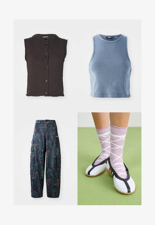 Mouwloze bruine gebreide cardigan met een ronde halslijn, voorzien van zes zwarte knopen aan de voorkant en een textuurpatroon. Rechte zoom.; Lichtblauw geribbelde crop top met een ronde halslijn en mouwloos ontwerp. Gladde textuur en een klein logo detail aan de zoom.; Camo cargobroek in donkergroen en bruin, met meerdere zakken en een losse pasvorm, gemaakt van lichtgewicht, duurzaam materiaal.; Witte platte schoenen met een zwarte bies en zool, gecombineerd met lichtpaarse geribde sokken met witte kruislings banden. Geplaatst op een groene achtergrond.