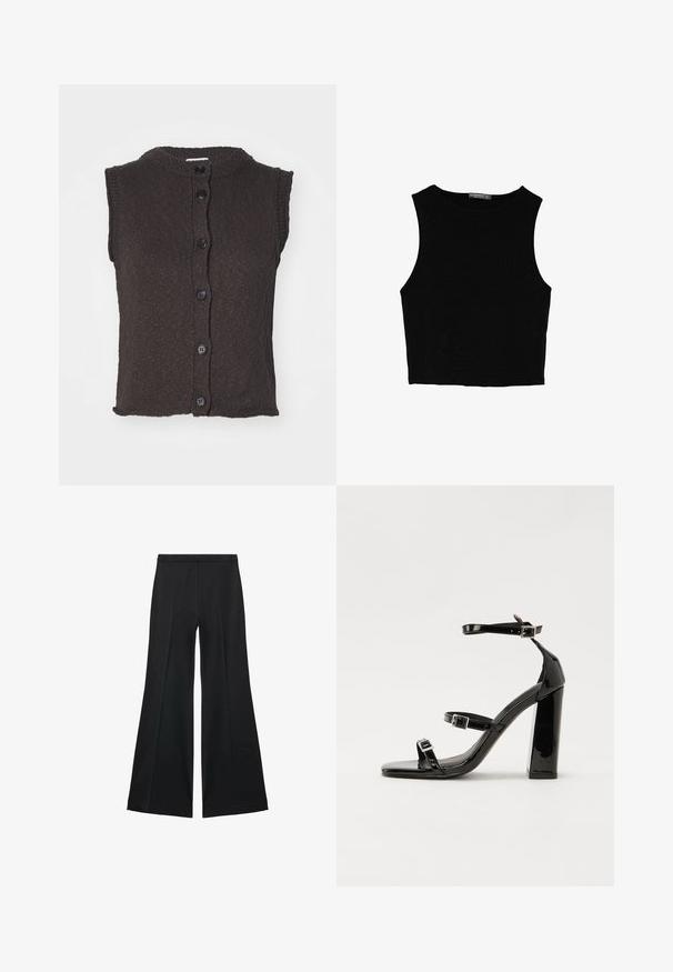 Brezrokavni rjav pleteni kardigan s okroglim izrezom, ki ima šest črnih gumbov spredaj in teksturno vzorčno. Enakomeren rob.; Črn brez rokavov crop top, izdelan iz gladkega materiala, z okroglim izrezom in čistim, preprostim dizajnom brez vzorcev ali dodatkov.; Črne široke hlače z gladko teksturo, ki imajo sprednje nabore in kroj po meri. Tkanina je lahka in zračna.; Črne lakirane sandale s peto, kvadratnim prstom, trakovi okrog gležnja in srebrnimi zaponkami. Opremljene so s stabilno Debelo peto.