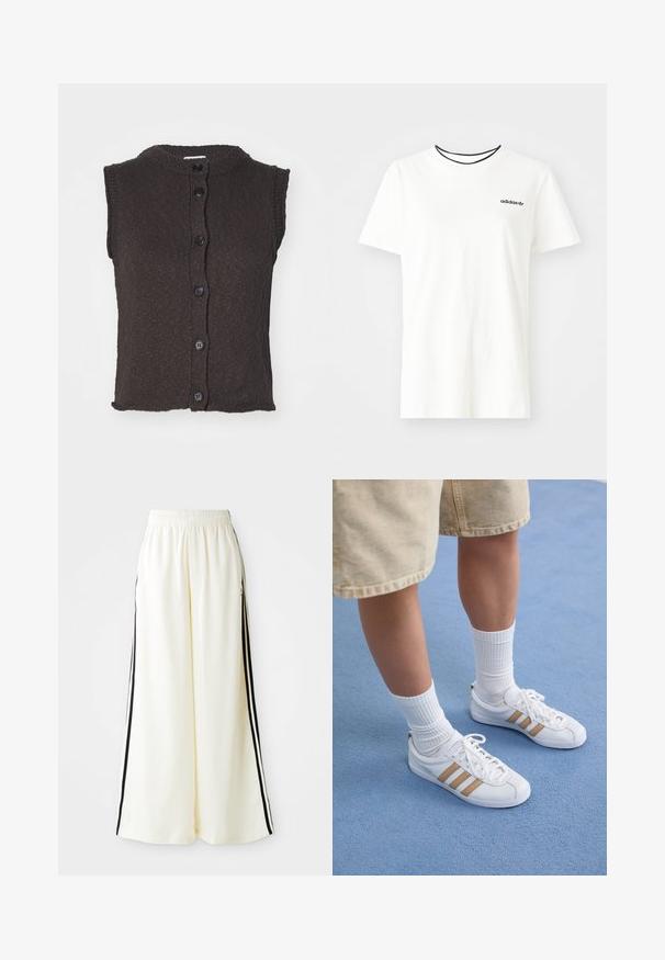 Ujjatlan barna kötött kardigán, kerek nyakkivágással, amelyen hat fekete gomb található elöl, és textúrált minta díszíti. Egyenletes szegély.; Fehér pamut póló rövid ujjakkal és kerek nyakkivágással. A mellkason egy fekete Adidas logó található, valamint kontrasztos fekete belső gallér.; Fehér, bő szabású nadrág, rugalmas derékkal és fekete függőleges csíkokkal a külső varratok mentén.; Fehér sportcipők három aranycsíkkal, fűzős kialakítás, gumitalp, bordázott fehér zoknikkal és bézs sorttal viselve, kék felületen.