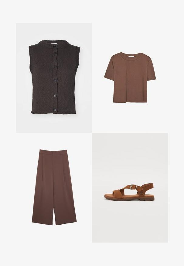 Ärmellose braune Strickjacke mit Rundhalsausschnitt, versehen mit sechs schwarzen Knöpfen auf der Vorderseite und einem strukturierten Muster. Gerade Saumlinie.; Braunes, kurzärmliges T-Shirt aus weichem Material mit rundem Halsausschnitt und lockerer Passform. Keine sichtbaren Muster oder Akzente.; Braune Weite-Leg-Hosen mit einer glatten Textur, hoher Taille und Vorderfalten. Der Stoff ist leicht und fällt locker.; Braune Leder-Sandalette mit verstellbarem Schnallenverschluss, offenen Zehen, gepolstertem Fußbett und Gummisohle. Schlichtes Design mit seitlichem Logo-Detail.