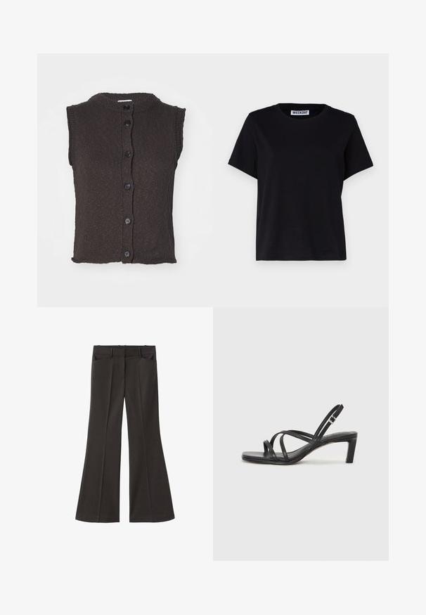 Cardigan senza maniche di colore marrone in maglia, con scollatura rotonda, caratterizzato da sei bottoni neri sul davanti e un motivo a trama. Orlo dritto.; T-shirt nero a maniche corte realizzato in cotone. Presenta un collo a giro e una vestibilità comoda. L'etichetta riporta la scritta "WEEKDAY" sul colletto.; Pantaloni neri a zampa d'elefante con vita alta; presentano due tasche frontali e una texture del tessuto liscia. Adatti per varie occasioni.; Sandalo nero con cinturini, dalla punta squadrata e tacco basso a blocco. Presenta diversi cinturini sottili e una cinturini regolabile alla caviglia. Realizzato in pelle liscia.