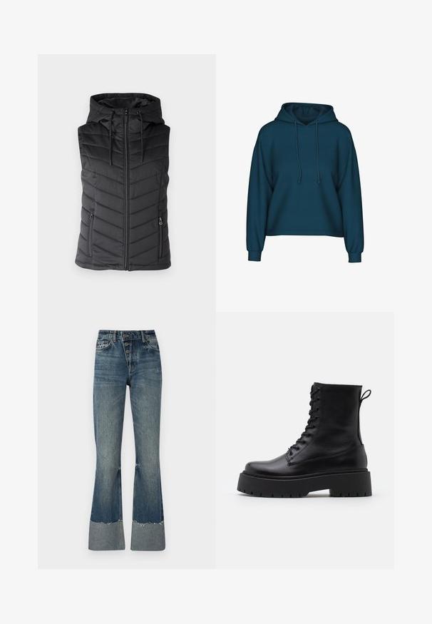 Black padded vest with a hood, featuring a zip front, chevron quilted pattern, and two side zip pockets. Smooth texture.; Teal pullover hoodie with a drawstring hood, long sleeves, and ribbed cuffs. Made of soft fabric with a relaxed fit.; Denim flared jeans in medium blue with a high waist, five buttons, and frayed hem. Features a lighter cuff at the bottom and faded texture.; Black leather ankle boots with a round toe, lace-up front, and a thick rubber sole featuring a textured tread. Pull tab at the back.