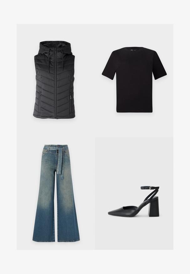 Black padded vest with a hood, featuring a zip front, chevron quilted pattern, and two side zip pockets. Smooth texture.; Black short-sleeve t-shirt with a round neckline, crafted from soft cotton fabric. Simple design, no visible logos or patterns.; Wide-leg denim trousers featuring a light to dark blue gradient, high waist, belt loops, and a matching fabric belt. Textured denim finish.; Black leather pointy-toe pump with an ankle strap and a chunky heel. Flat texture, sleek design, and minimalistic aesthetics.