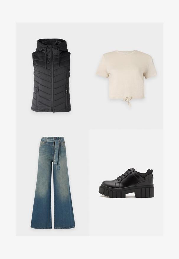 Schwarze wattierte Weste mit Kapuze, mit Reißverschluss vorne, Wellensteppmuster und zwei seitlichen Reißverschlusstaschen. Glatte Textur.; Beige Short-Shirt aus schimmerndem Stoff mit kurzen Ärmeln und einem geknoteten Detail am Saum. Sanfte Textur und runder Ausschnitt.; Weit geschnittene Denim-Hosen mit einem Farbverlauf von hellblau zu dunkelblau, hoher Taille, Gürtelschlaufen und einem passenden Stoffgürtel. Strukturierte Denim-Oberfläche.; Schwarze Lederplateauschuhe mit klobigem Blockabsatz, runder Zehenpartie und traditionellem Schnürdesign. Verfügt über eine glatte Textur und minimale Details.