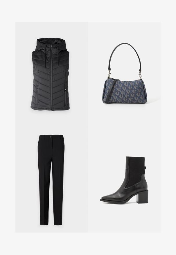 Črna podložena bunda z kapuco, z zadrgo spredaj, s chevron oblazinjeno prevleko in dvema stranskima žepoma z zadrgo. Gladka tekstura.; Bluza z dolgimi rokavi z leopardjim vzorcem in visokim ovratnikom, izdelana iz elastičnega materiala. Ima peščeno osnovo z rjavimi lisami. Gladka tekstura, prilega se telesu.; Črne krojene hlače s ravnim krojem, z gumbom za zapiranje in zankami za pas, narejene iz gladkega materiala.; Črne gležnarske škornje s koničastim nosom, narejene iz gladkega usnja in elastike. Opremljene so z blok stolčkom in minimalističnim dizajnom.; Modra torbica s vzorom iz blaga, ki ima ukrivljeno obliko, črn usnjen trak in logotip v svetlejši odtenek.