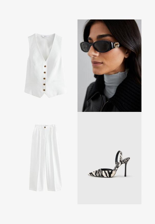 Hvid ærmeløs vest med V-hals, der har seks brune knapper fortil og to sidelommer. Lavet af et glat, let stof.; Sort ærmeløs top med brede ribbet stropper og en glat stofstruktur, prydet med konturerede syninger for en tætsiddende pasform.; Hvide loose-fit bukser lavet af letvægtsstof. Har en knaplukning, to sidelommer og en afslappet pasform.; Spids-syntetiske slingback hæle i sort og creme zebra-mønster, med en slank høj hæl og åben bagdesign med en sort inderside.; Sorte solbriller med en strømlinet rektangulær ramme og en guld logoaccent på siden. Mørke linser og blank overflade er fremtrædende.