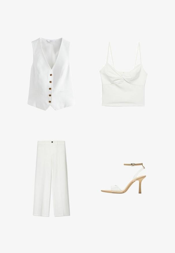 Débardeur blanc sans manches avec un col en V, comportant six boutons marron sur le devant et deux poches latérales. Fabriqué à partir d'un tissu lisse et léger.; Top court blanc sans manches avec de fines bretelles, présentant un design en avant torsadé et une texture lisse. Fabriqué en tissu extensible.; Pantalons blancs à jambe large avec une texture lisse, dotés d'une fermeture à bouton à l'avant et de passants de ceinture, conçus pour un fit décontracté.; Sandale à talon transparent avec un supérieur transparent, semelle beige et une fine bride de cheville. Dispose d'un bout pointu et d'un fin talon haut.