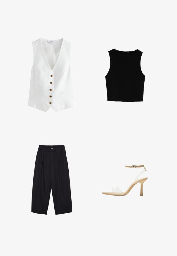 Bela brezrokavna jopica z V-izrezom, opremljena s šestimi rjavimi gumbi spredaj in dvema stranskima žepoma. Narejena iz gladkega, lahkega materiala.; Črn brez rokavov crop top, izdelan iz gladkega materiala, z okroglim izrezom in čistim, preprostim dizajnom brez vzorcev ali dodatkov.; Črne poliesterske culotte hlače z elastičnim pasom, dvema sprednjima nabiranjema in ohlapnim krojem. Brez vidnih vzorcev ali kovinskih detajlov.; Sandal z jasnim petnikom s prozornim zgornjim delom, bež podplatom in sivim trakcem okoli gležnja. Ima koničast nos in tanek visoki petek.
