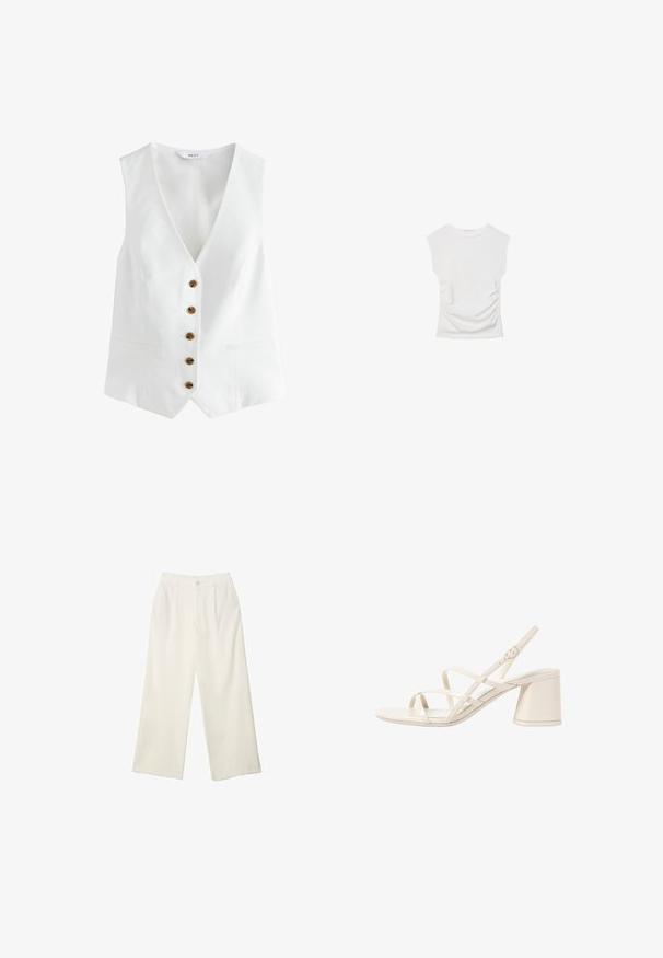 Hvid ærmeløs vest med V-hals, der har seks brune knapper fortil og to sidelommer. Lavet af et glat, let stof.; Hvid kortærmet top med rund halsudskæring. Har samlet tekstur langs siderne og en tilpasset silhuet, lavet af blødt, strækbart materiale.; Bredde bukser i cremefarvet stof med en glat tekstur, der har en enkelt knap foran, diskrete folder og design med høj talje.; Beige hælede sandaler med slanke, krydsende stropper, åben tå og en kvadratisk blokhæle. Glat lakeret finish, justerbar ankelrem.