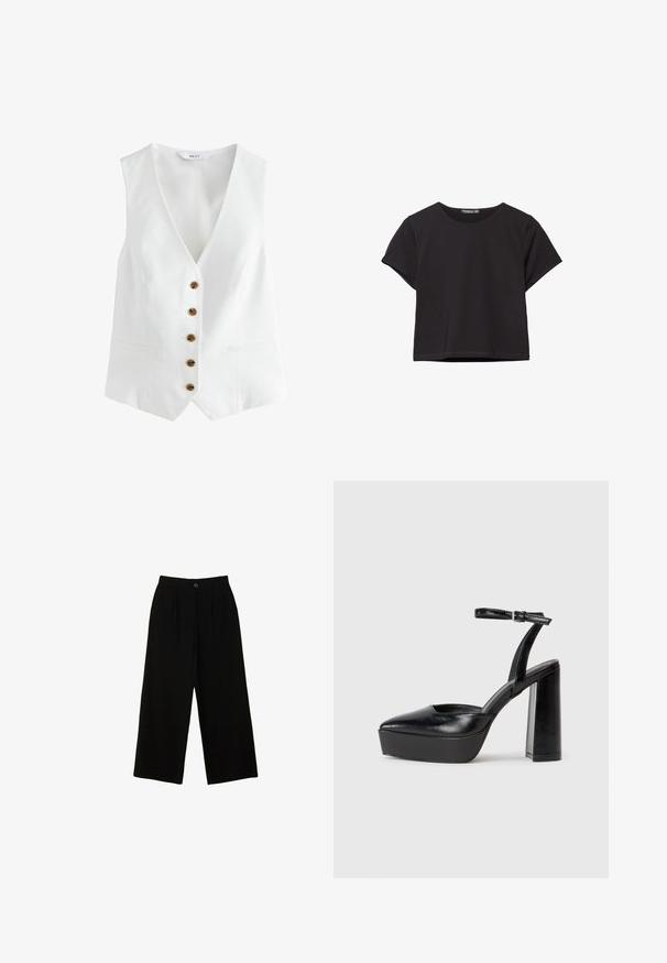 Biała, bezrękawnikowa kamizelka z dekoltem w kształcie V, z sześcioma brązowymi guzikami z przodu i dwoma kieszeniami po bokach. Wykonana z gładkiego, lekkiego materiału.; Czarny krótki top z krótkim rękawem wykonany z miękkiego materiału, z okrągłym dekoltem i luźnym krojem oraz czystą linią dołu.; Czarne spodnie szerokie w nogawkach, wykonane z gładkiego materiału, z wysokim stanem, przednimi plisami i jednym zapięciem na guzik na górze.; Czarne platformy na wysokim obcasie z szpiczastym noskiem i regulowanym paskiem na kostkę. Wykonane z gładkiej skóry, z grubym słupkowym obcasem.