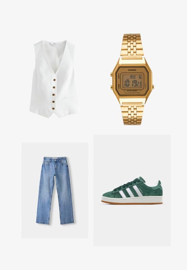 Witte mouwloze vest met een V-hals, voorzien van zes bruine knopen aan de voorkant en twee zijzakken. Gemaakt van een gladde, lichte stof.; Zwarte geribde tanktop met een hoge halslijn en mouwloos ontwerp. Heeft een getailleerd silhouet en een zachte textuur.; Lichtblauwe denim jeans met een rechte pasvorm, voorzien van vijf zakken, een knoopsluiting aan de voorkant en subtiele vervaging voor textuur.; Groene suède sneaker met witte leren strepen, rubberen zool, gepolsterde kraag en een minimalistisch ontwerp. Bevat merkbranding aan de zijkant.; Gouden digitale klok met een rechthoekige wijzerplaat, LCD-display, roestvrijstalen band en knoppen aan de zijkant. Bevat een waterdicht label.