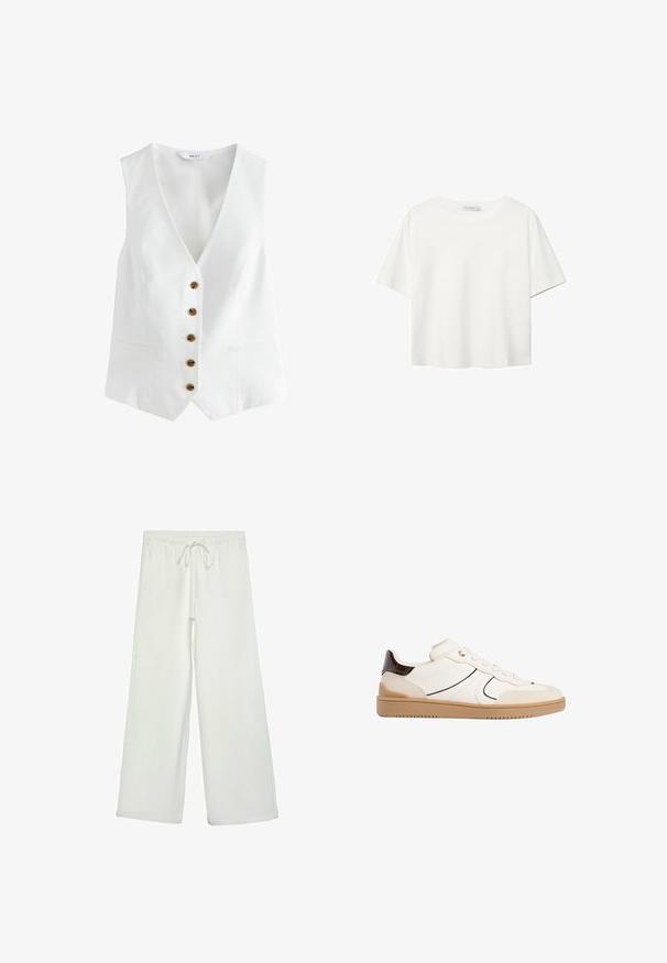 Weißes ärmelloses Oberteil mit V-Ausschnitt, ausgestattet mit sechs braunen Knöpfen auf der Vorderseite und zwei Seitentaschen. Hergestellt aus einem glatten, leichten Stoff.; Weißes T-Shirt mit kurzen Ärmeln aus Baumwolle. Hat einen Rundhalsausschnitt und eine lockere Passform. Glatte Textur ohne sichtbare Muster oder Akzente.; Weiße, weit geschnittene Hose aus weichem Stoff. Mit einem elastischen Bund und einem Kordelzug sowie einer glatten Oberfläche. Keine sichtbaren Muster oder Hardware.; Stradivarius Sneaker low - white