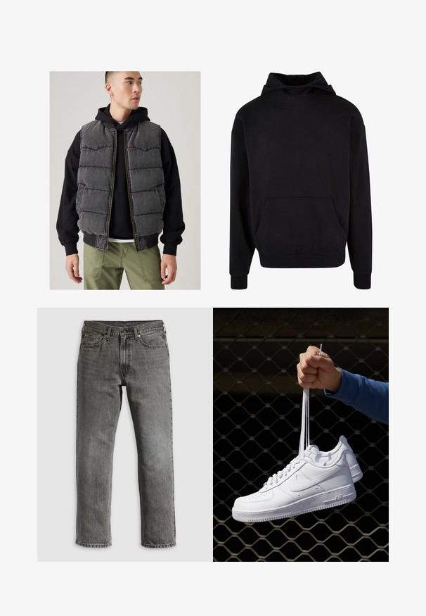 Piepucēts pelēks denima veste ar priekšējo rāvējslēdzēju, melnu ribinātu apakšmali un divām krūšu kabatām, uzvilkta virs melna kapuci un olīvzaļām biksēm.; Melna kapucēta sudraba jaka, izgatavota no mīksta auduma, ar kengura kabatu, ribinātām piedurknēm un brīvu piegriezumu. Gluda tekstūra, minimālisma dizains.; Pelēkas džinsa bikses taisna piegriezuma, ar piecām kabatām, vara metāla kniedēm un redzamu šuvju izšuvumu. Klasisks dizains ar rāvējslēdzēja aizdari.; Baltas ādas sporta apavi ar perforācijām, apaļu purngali, plakanu zoli un biezām šņorēm, ar redzamu swoosh logo un vārdu "AIR" uz papēža.