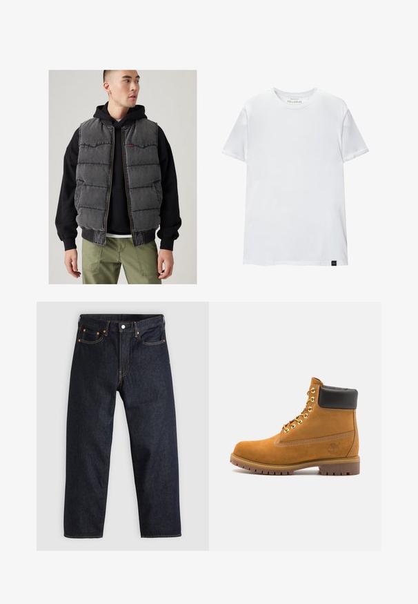 Vesta din denim gri căptușită, cu fermoar frontal, tiv negru din tricot și două buzunare pe piept, purtată peste un hanorac negru și pantaloni verzi măslinii.; Tricou alb, ajustat pe corp, din bumbac. Gât rotund, mâneci scurte, textură netedă. Etichetă mică de logo negru la margine. Design simplu.; Jeans de denim albastru închis, cu croială dreaptă, cinci buzunare, cusături contrastante de portocaliu și fermoar cu buton. Fără modele sau embellishments vizibile.; Cizmă de gleznă din întoarsă de culoare bej, cu guler negru căptușit, ochiuri din metal auriu, detalii de cusătură albă și talpă din cauciuc robustă, cu un model pronunțat.