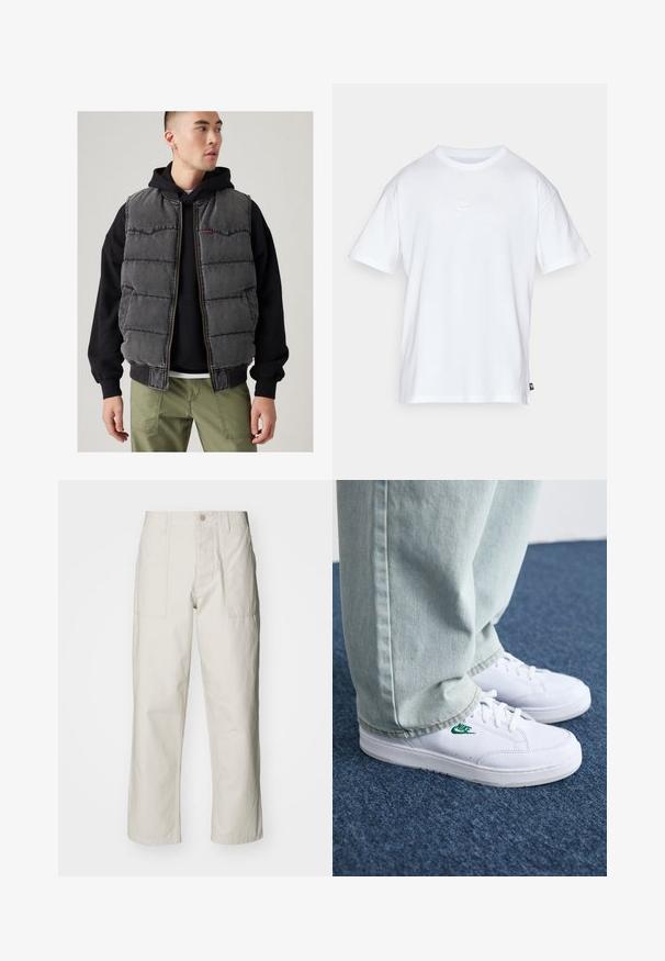 Colete de denim cinza acolchoado com zíper frontal, bainha canelada preta e bolsos duplos no peito, sobre um hoodie preto e calças verdes-oliva.; T-shirt de algodão branco com mangas curtas e decote redondo. Apresenta um pequeno e discreto logótipo da Nike no peito e uma etiqueta lateral.; Calças largas em bege claro, feitas de algodão. Apresentam bolsos frontais e fecho com botão. Textura suave com linhas verticais subtis.; Tênis de couro brancos com logo verde da Nike, bico redondo, sola plana, combinados com calças de denim azul claro, exibidos sobre um tapete azul.
