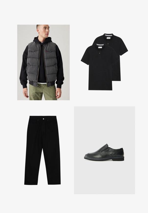 Sluoksniuotas pilkai džinsinis liemenė su pamušalu, priekiniais užtrauktukais, juodu banguotu apačiu ir dviem krūtinės kišenėmis, užsidėta ant juodos džemperio su gobtuvu ir alyvų žalumo kelnėmis.; Du žaidimų juodos polo marškiniai, trumpomis rankovėmis, pagaminti iš medvilnės, su klasikinėmis apykaklėmis, dviem mygtukais priekyje ir baltais dryžiais apykaklės viduje.; Juoda džinsinė kelnė su tiesiu kirpimu, penkių kišenių dizainu ir priekiniais mygtukais. Lygus paviršius su minimaliu siuvimo detalėmis.; Juodai odiniai įtvirtinimo batai su lygiu paviršiumi, siuvinėjimo akcentais, apvalia nosimi ir žemu guminiu kulnu. Pado raštas minimalus.