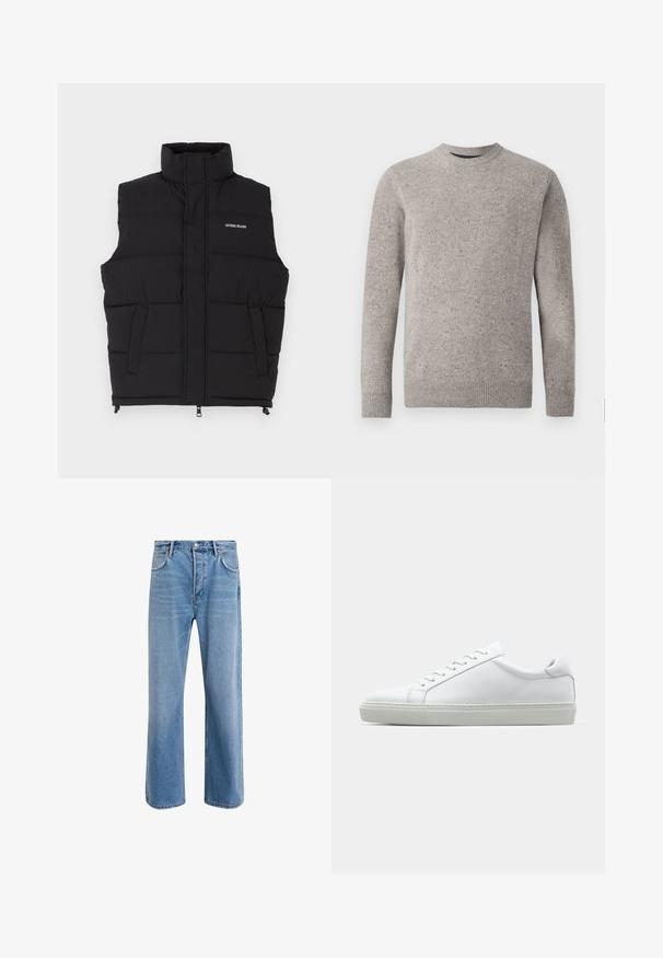 Schwarze Steppweste mit hohem Kragen, ausgestattet mit zwei seitlichen Taschen und einem Reißverschluss an der Vorderseite. Zeigt das Logo "GUESS JEANS" in Weiß.; Hellgrauer gestrickter Pullover mit Rundhalsausschnitt, langen Ärmeln und gerippten Bündchen und Saum. Strukturiertes Muster mit Farbklecksen.; Helle blaue Jeans im Geradeschnitt-Design, mit fünf Taschen, Knopfverschluss, minimaler Ausbleichung und kontrastierenden Nähdetails.; Weißer Sneaker mit glattem Lederobermaterial und niedrigem Profil. Verfügt über eine runde Zehenpartie, sechs Ösen und eine strukturierte Gummisohle.