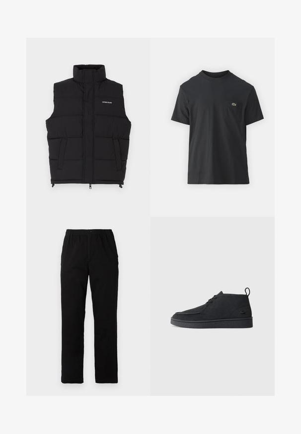 Crni puffer prsluk s visokim ovratnikom, koji ima dva bočna džepa i prednje zatvaranje na patentni zatvarač. Prikazuje "GUESS JEANS" logo u bijeloj boji.; Crna pamučna majica s kratkim rukavima, okruglim izrezom i malim zelenim logotipom na lijevoj strani džepa. Jednostavan dizajn, regularni kroj.; Crne hlače od pamuka s dodatkom, ravnog kroja, s elastičnim pojasom i dugmetom, bez vidljivih uzoraka ili ukrasa.; Crne antilop čizme do gležnja sa vezicama, kopčom za povlačenje i teksturiranom potplatom, s malim utisnutim logom krokodila sa strane.