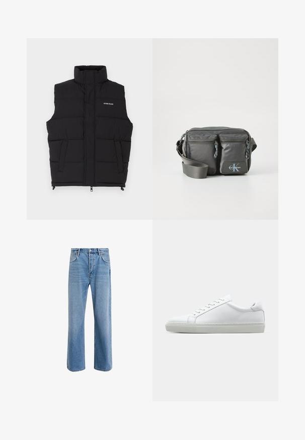 Melna pūkaina veste ar augstu apkakli, ar divām sānu kabatām un priekšējo rāvējslēdzēju. Parādīts "GUESS JEANS" logo baltā krāsā.; Gaišu krēmu krāsas kokvilnas krekls ar garām piedurknēm un augstu apkakli. Līdzena tekstūra, brīva piegriezuma, minimālistisks dizains, nav redzamu rakstu vai akcentu.; Gai zilas džinsu bikses ar taisnām kājām, piecām kabatām, pogu aizvēršanu, minimālu izbalēšanu un kontrastējošiem šuvju elementiem.; Baltie sporta apavi ar gludu ādas virsu un zemu profilu. Iezīmējas ar noapaļotu purngalu, sešām acīm un teksturētu gumijas zoli.; Pelēka neilona plecu soma ar divām rāvējslēdzēja priekšējām kabatām, regulējamu siksnu un logo akcentu. Gluda tekstūra ar mūsdienīgu dizainu.