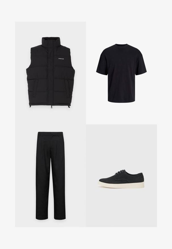 Crni puffer prsluk s visokim ovratnikom, koji ima dva bočna džepa i prednje zatvaranje na patentni zatvarač. Prikazuje "GUESS JEANS" logo u bijeloj boji.; Crna pamučna majica s okruglim izrezom, kratkim rukavima i opuštenim krojem. Glatka tekstura bez vidljivih uzoraka ili dekoracija.; Crne hlače od glatkog materijala, s dizajnom ravnih nogavica, dva prednja nabora i standardnim pojasom s petljama za remen.; Crne nubuk cipele s vezicama i okruglim nosom, lagana kremasta srednja podrška i suptilni plavi šavovi na gornjem dijelu.