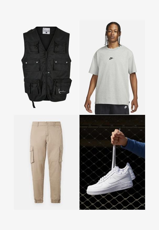 Svart arbetsväst med flera framfickor, dragkedjor och tryckknappar. Tillverkad av slitstarkt tyg med en slät yta och justerbara remmar.; Ung person med flätat hår iklädd en ljusgrå Nike T-shirt och svarta Nike-shorts framför en enkel vit bakgrund.; Beiga cargobyxor i ett lätt bomullsmaterial. Har elastiska mudd, flera sidofickor och en knappstängning.; Vita lädersneakers med perforeringar, rund tå, platt sula och tjocka snörning, med en synlig swoosh-logga och "AIR" på hälen.