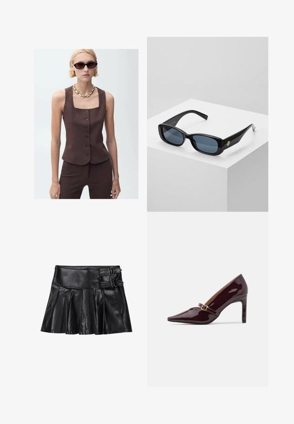 Braun maßgeschneidertes ärmelloses Oberteil mit quadratischem Ausschnitt, vorderer Knopfverschluss und glattem Stoff, kombiniert mit einer goldenen Kettenhalskette.; Weißes Hemd mit langen Ärmeln, strukturiertem Kragen und abgerundetem Saum. Hergestellt aus einem glatten, einfarbigen Stoff ohne sichtbare Muster oder Akzente.; Schwarze Lederrock mit Falten, breitem Bund und zwei Schnallenakzenten an der Seite. Glatte Textur mit glänzendem Finish.; Patente burgunderfarbene High Heels mit spitzer Zehenpartie, Knöchelriemen mit goldfarbenen Beschlägen und einer eleganten, polierten Oberfläche. Erhöhter Stiletto-Absatz.; Schwarze rechteckige Sonnenbrille mit getönten blauen Gläsern, dicken Rahmen und einem goldenen, runden Akzent an der Seite. Schlichte, glänzende Oberfläche.; Burgunderfarbene Handtasche aus synthetischem Material mit strukturiertem Design, ausgestattet mit einem abnehmbaren Trageriemen und einem blumenmusternden Schal, der am Griff gebunden ist.