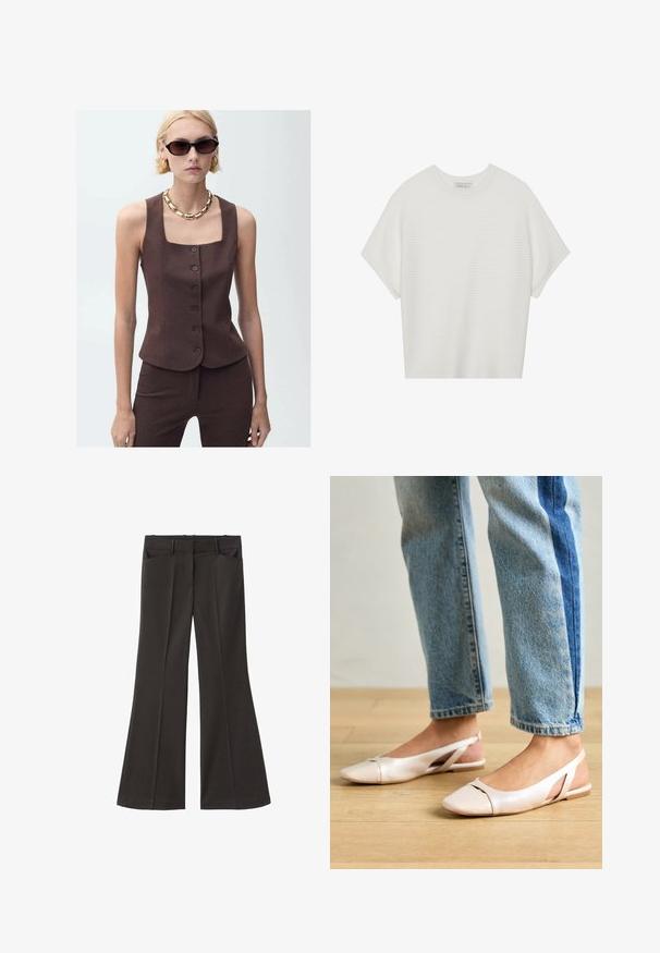 Bruine op maat gemaakte mouwloze top met een vierkante halslijn, sluiting met knopen aan de voorkant en een gladde stof, gecombineerd met een gouden ketting. ; Witte T-shirt met korte mouwen, een brede ronde hals en een gestructureerd ribpatroon, gemaakt van zachte stof. Het shirt heeft een ontspannen pasvorm en een strakke uitstraling.; Zwarte flared broek met een hoge taille; beschikt over twee voorkeurszakken en een gladde stoftextuur. Geschikt voor verschillende gelegenheden.; Zachtroze slingback ballerina's met een spitse neus, gemaakt van een glad leerachtig materiaal. Bevat uitsnijdingen aan de zijkanten en heeft een platte hak.