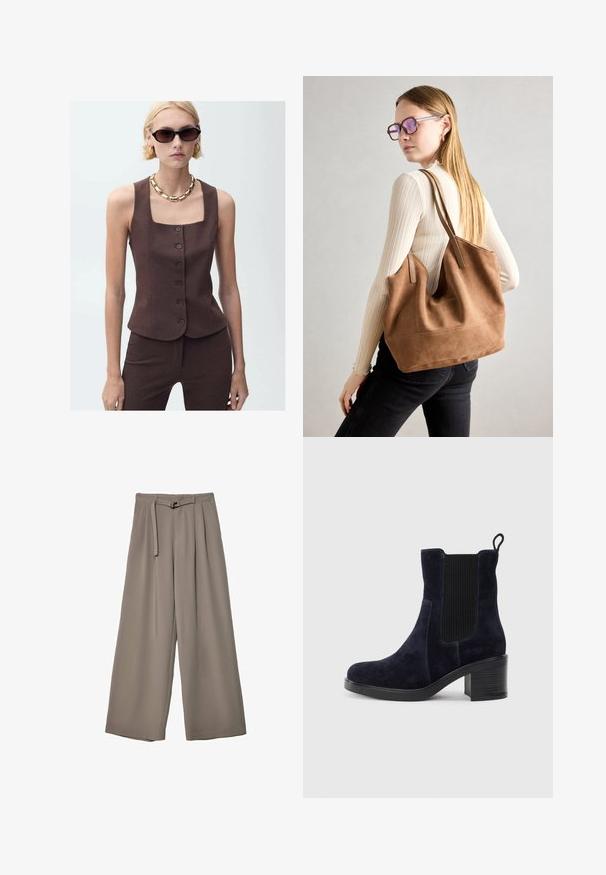 Top senza maniche marrone su misura con scollatura quadrata, chiusura frontale con bottoni e tessuto liscio, abbinato a una collana in oro.; Maglietta a maniche corte marrone realizzata in tessuto morbido, con scollatura rotonda e vestibilità rilassata. Nessun motivo o dettaglio visibile.; Pantaloni a gamba larga in un morbido tessuto grigio tenue, con vita con cintura e pieghe per un tocco di design aggiuntivo. Texture liscia, senza motivi.; Stivaletti alla caviglia in camoscio blu navy con pannello elastico laterale, punta tonda e tacco a blocco. Il tessuto testurizzato e la suola liscia aggiungono contrasto.; Borsa a tracolla in suede marrone con texture morbida, ampia apertura e lunghe cinghie. Caratterizzata da un design semplice con cuciture visibili e senza accessori.
