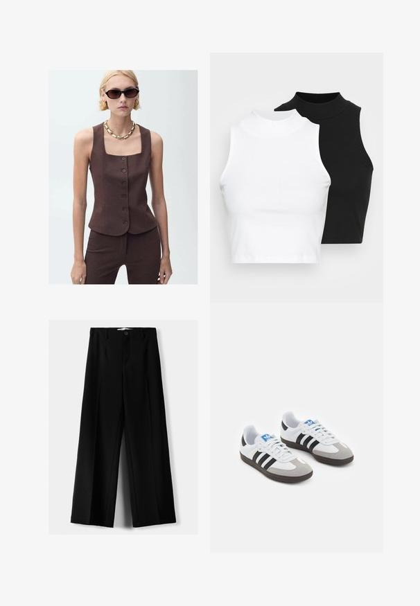 Braun maßgeschneidertes ärmelloses Oberteil mit quadratischem Ausschnitt, vorderer Knopfverschluss und glattem Stoff, kombiniert mit einer goldenen Kettenhalskette.; Zwei ärmellose, gerippte Rollkragenoberteile in Schwarz und Weiß, mit einer figurbetonten Passform und glatter Textur sowie einer cropped Länge.; Schwarze weite Hosen aus leichtem Stoff, mit einem Knopfverschluss vorne und flachem Bund, mit sorgfältig genähten Säumen.; Sportschuhe mit einem Obermaterial aus weißem Leder, grauer Wildleder-Zehenkappe und drei schwarzen Streifen. Sie verfügen über ein blaues Logo auf der Zunge und eine strukturierte Gummisohle.