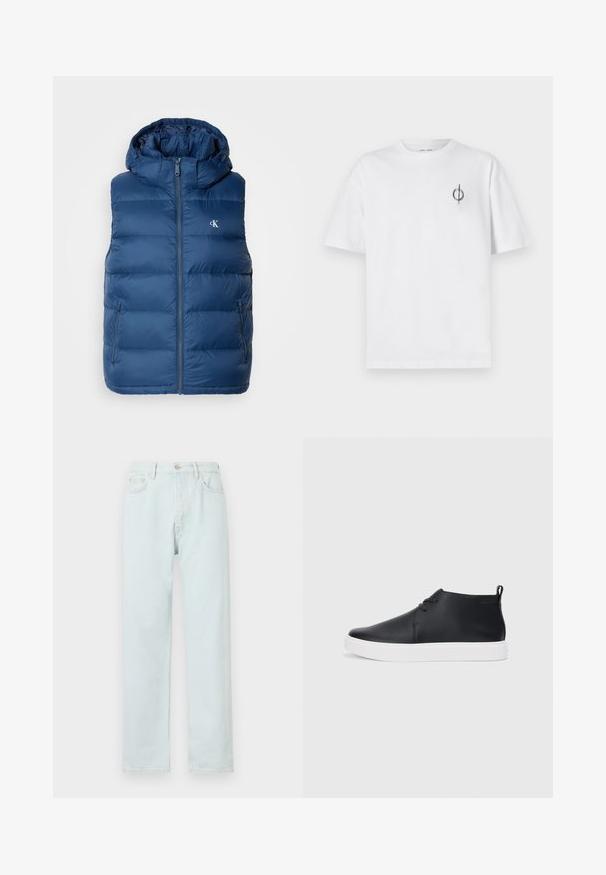 Mornarsko modra pufasta brezrokavnik s kapuco, z zadrgo spredaj, dvema stranskima žepoma in logotipom na prsih. Gladka tekstura in prešita zasnova.; Bela bombažna majica s sproščenim krojem, ki ima majhen črn grafični logotip na levem prsnem delu. Kratke rokave, okrogel izrez.; Svetlo modri ravni kavbojki iz denima, ki imajo gumbasto zapiranje, diskretno učvrstitev in pet žepov.; Črne usnjene visoke superge s gladko površino, bela gumijasta podloga in preprosta zasnova vezalk. Imajo držalo na hrbtni strani.