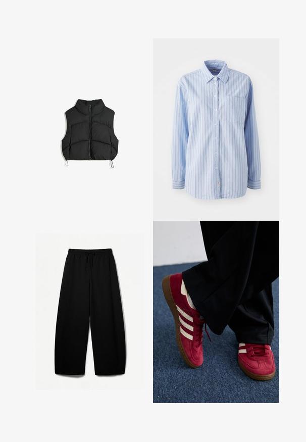 Svart pufferväst med hög krage, dragkedja fram och dragskor i fållen. Har quiltade sektioner och en strömlinjeformad, kort design.; Ljusblå skjorta med knappar och vertikala ränder, långa ärmar, en bröstficka och en logotags vid fållen. Mjuktyg med slät textur.; Svarta vida byxor med elastisk midja och dragsko. Mjukt tyg med en slät textur. Rakt snitt med sido sömmar.; Röda mockasko med vita ränder, snörningsdesign och en strukturerad brun gummisula. Bärs med svarta byxor, mot en blå matta.